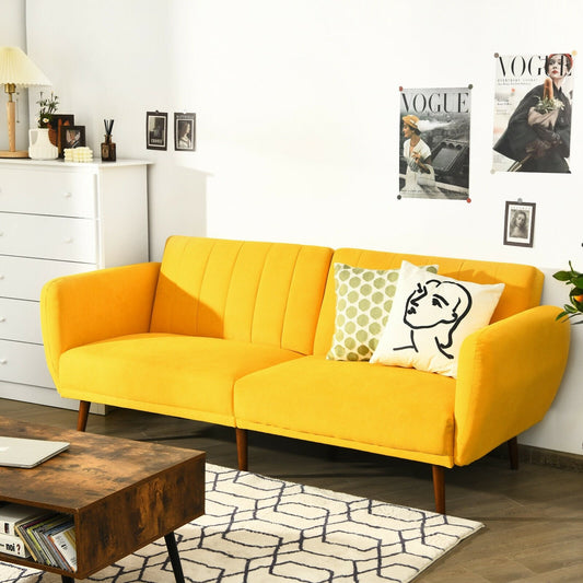 Convertible Futon Sofa Bed Adjustable Couch Sleeper with Wood Legs, Yellow - Gallery Canada