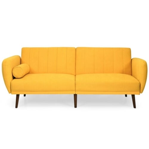Convertible Futon Sofa Bed Adjustable Couch Sleeper with Wood Legs, Yellow - Gallery Canada