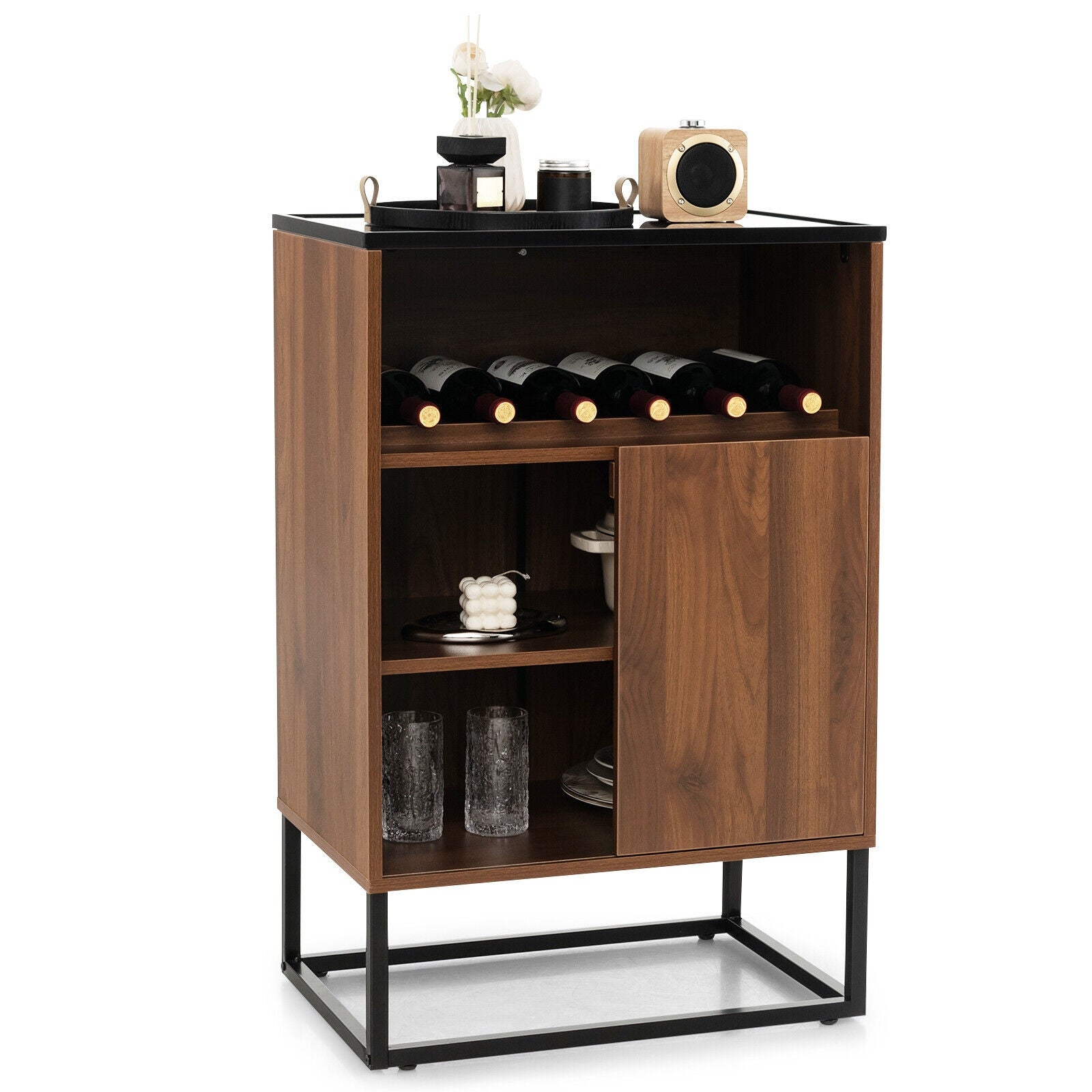 Wine Storage Cabinet Buffet Sideboard with Adjustable Shelf and Sliding Door, Brown Sideboards Cabinets & Buffets Brown at Gallery Canada