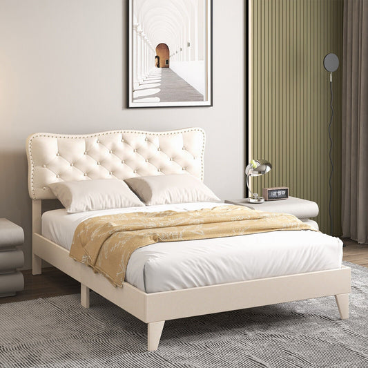 Full Size Bed Frame with Nail Headboard and Wooden Slats, Beige - Gallery Canada