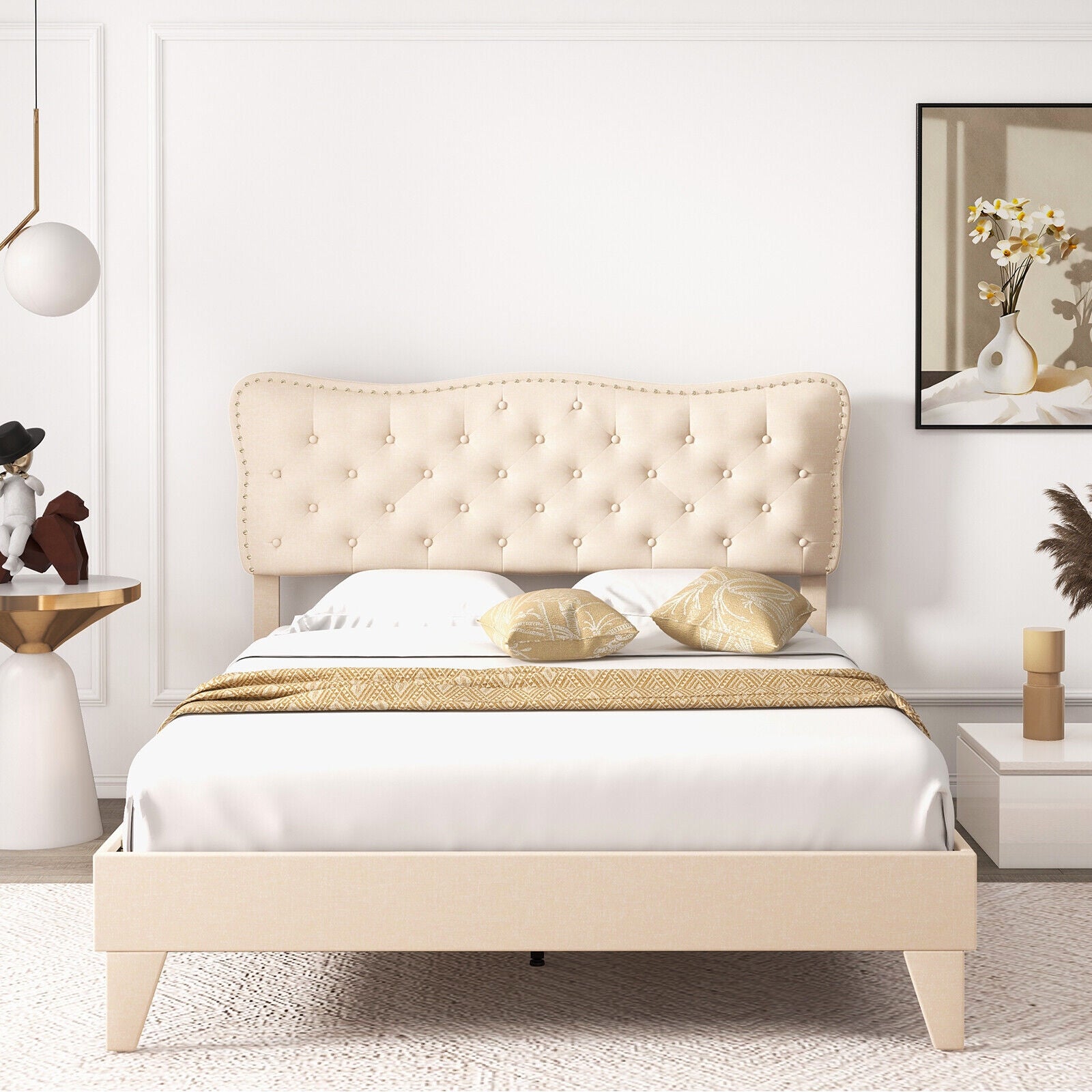 Full/Queen Size Bed Frame with Nail Headboard and Wooden Slats-Queen Size, Beige Simple Bed Frame at Gallery Canada