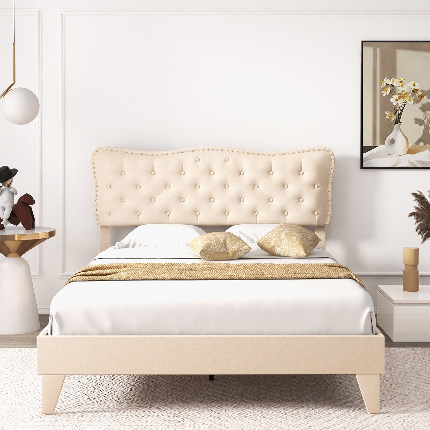 Full/Queen Size Bed Frame with Nail Headboard and Wooden Slats-Queen Size, Beige Simple Bed Frame at Gallery Canada