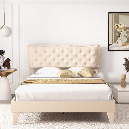 Full/Queen Size Bed Frame with Nail Headboard and Wooden Slats-Queen Size, Beige Simple Bed Frame at Gallery Canada