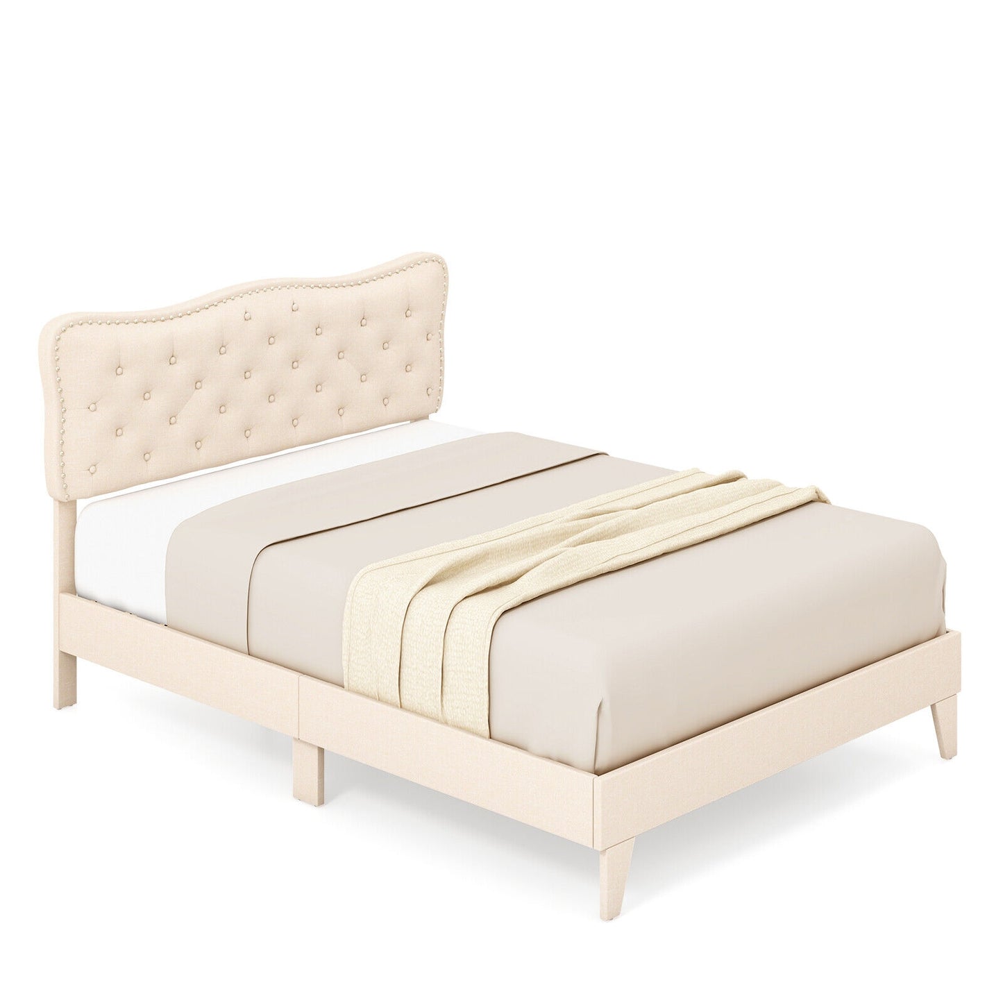 Full/Queen Size Bed Frame with Nail Headboard and Wooden Slats-Queen Size, Beige Simple Bed Frame at Gallery Canada