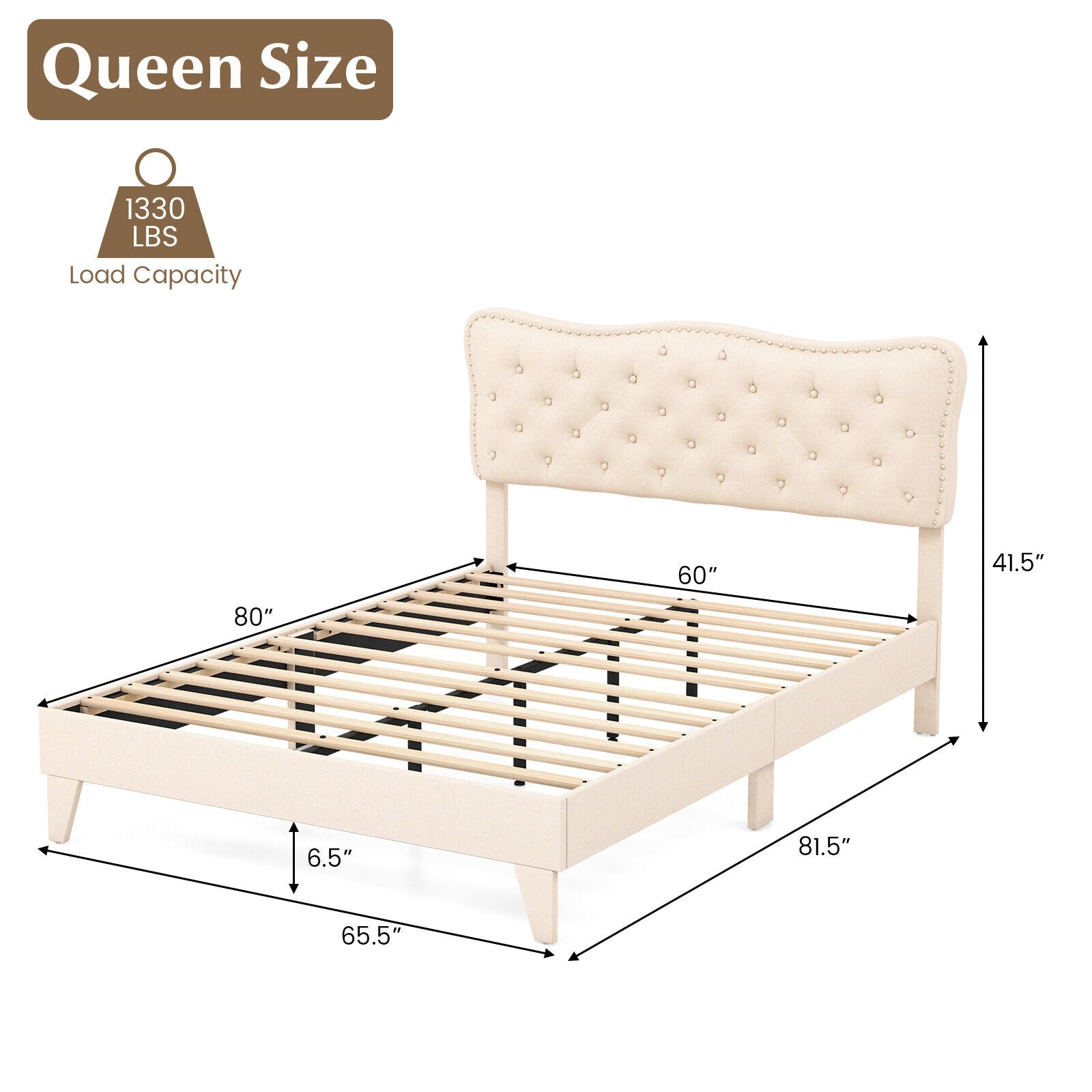 Full/Queen Size Bed Frame with Nail Headboard and Wooden Slats-Queen Size, Beige Simple Bed Frame at Gallery Canada
