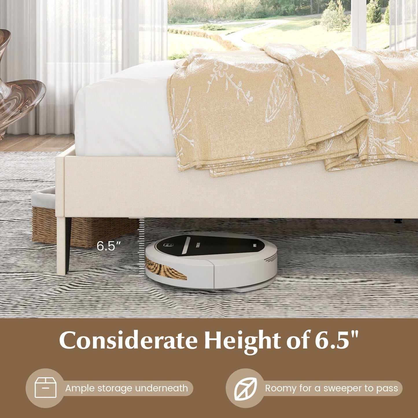 Full/Queen Size Bed Frame with Nail Headboard and Wooden Slats-Queen Size, Beige Simple Bed Frame at Gallery Canada