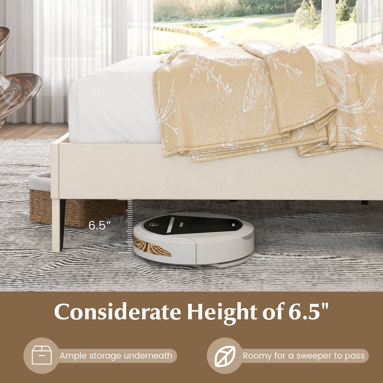 Full/Queen Size Bed Frame with Nail Headboard and Wooden Slats-Queen Size, Beige Simple Bed Frame at Gallery Canada