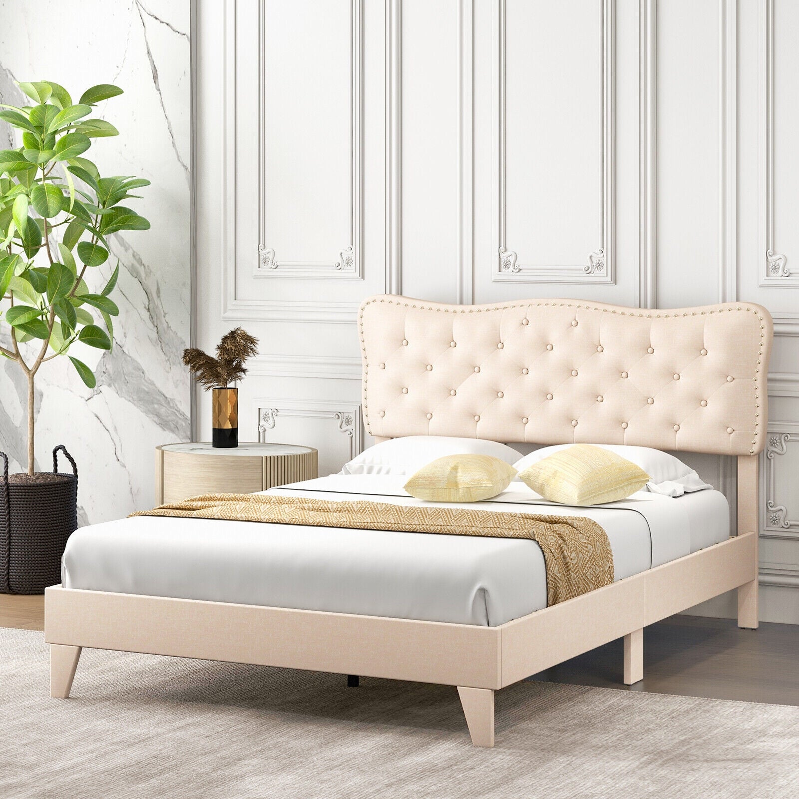 Full/Queen Size Bed Frame with Nail Headboard and Wooden Slats-Queen Size, Beige Simple Bed Frame at Gallery Canada