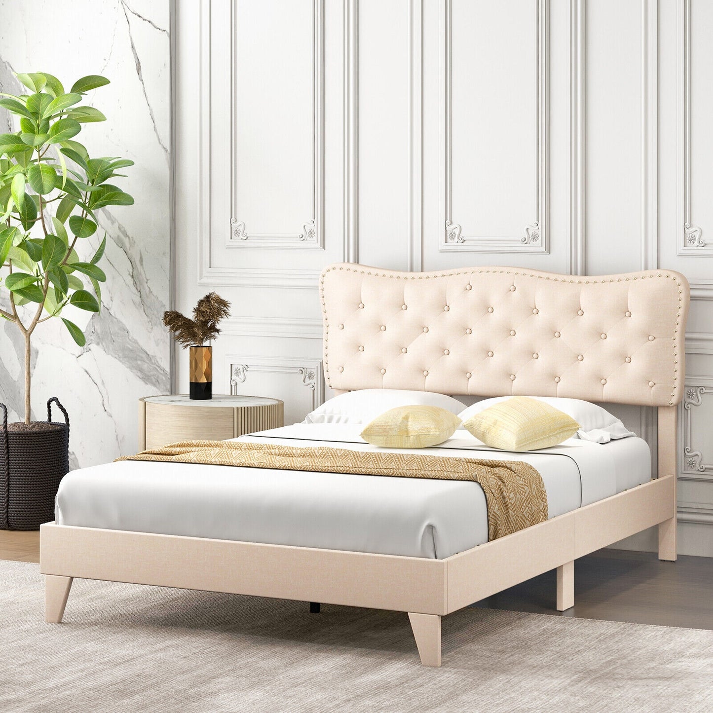 Full/Queen Size Bed Frame with Nail Headboard and Wooden Slats-Queen Size, Beige Simple Bed Frame at Gallery Canada