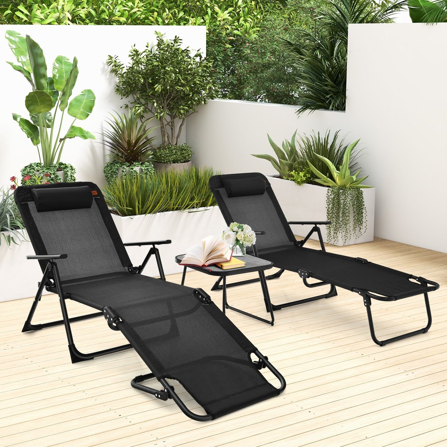 3 Pieces Patio Folding Chaise Lounge Set with PVC Tabletop, Black Patio Conversation Sets at Gallery Canada