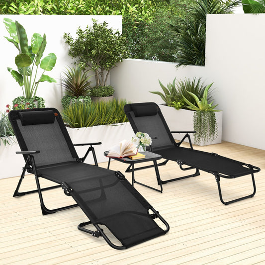 3 Pieces Patio Folding Chaise Lounge Set with PVC Tabletop, Black - Gallery Canada
