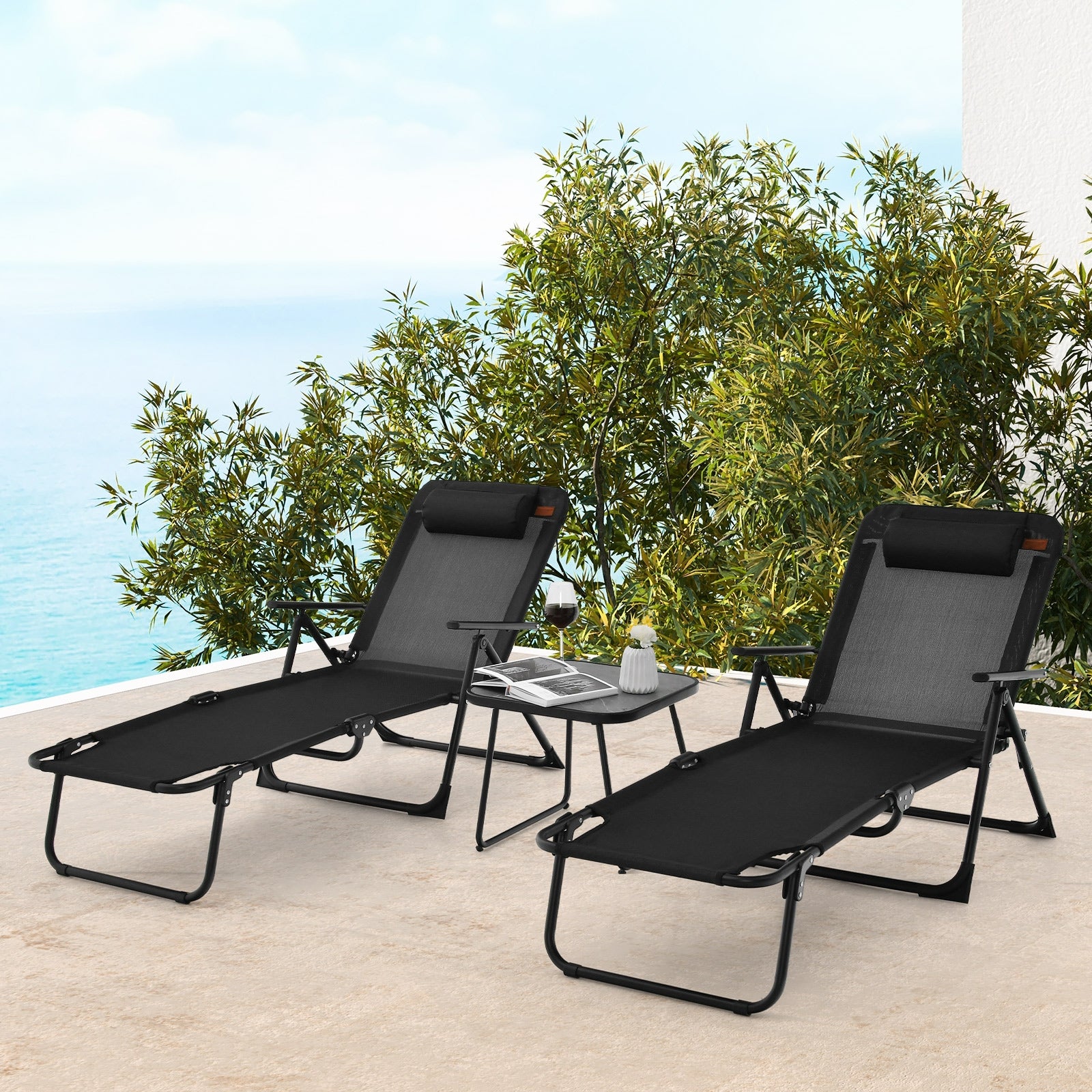 3 Pieces Patio Folding Chaise Lounge Set with PVC Tabletop, Black Patio Conversation Sets at Gallery Canada