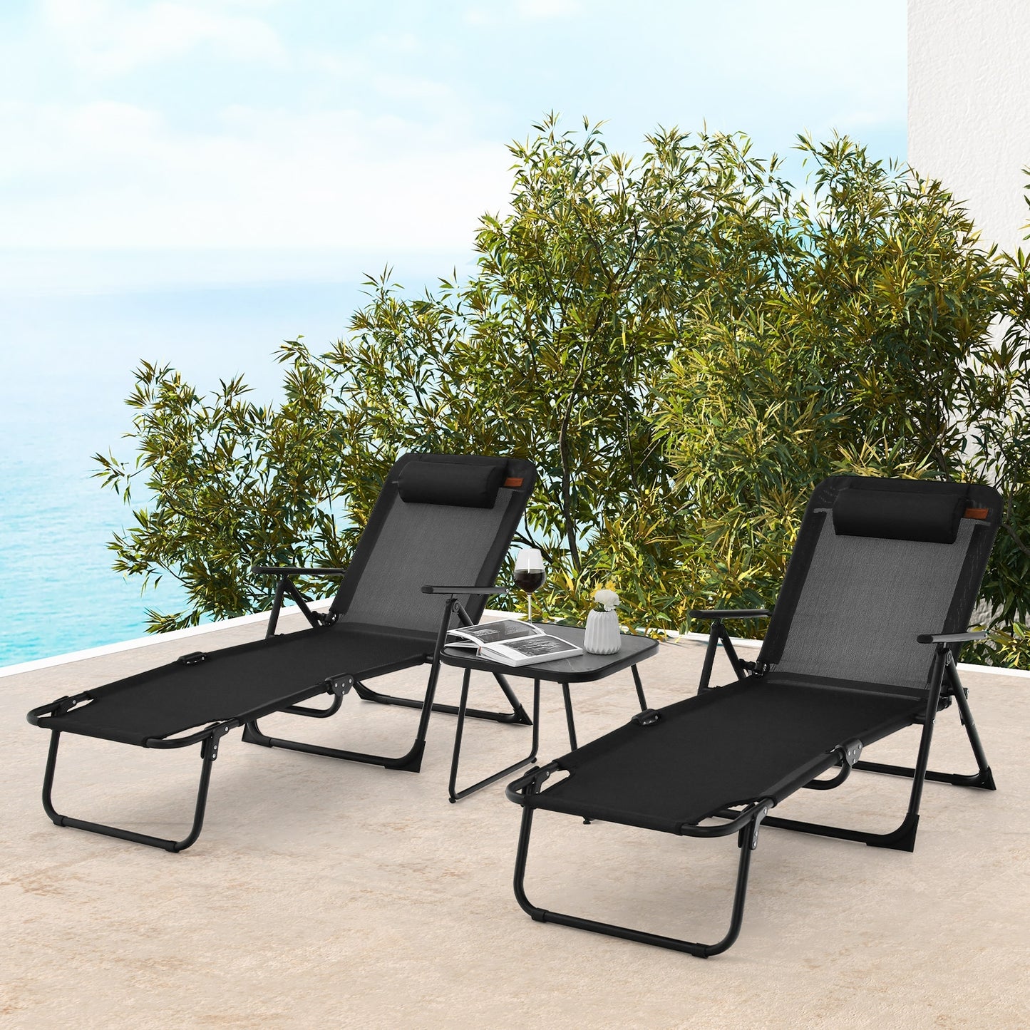 3 Pieces Patio Folding Chaise Lounge Set with PVC Tabletop, Black Patio Conversation Sets at Gallery Canada