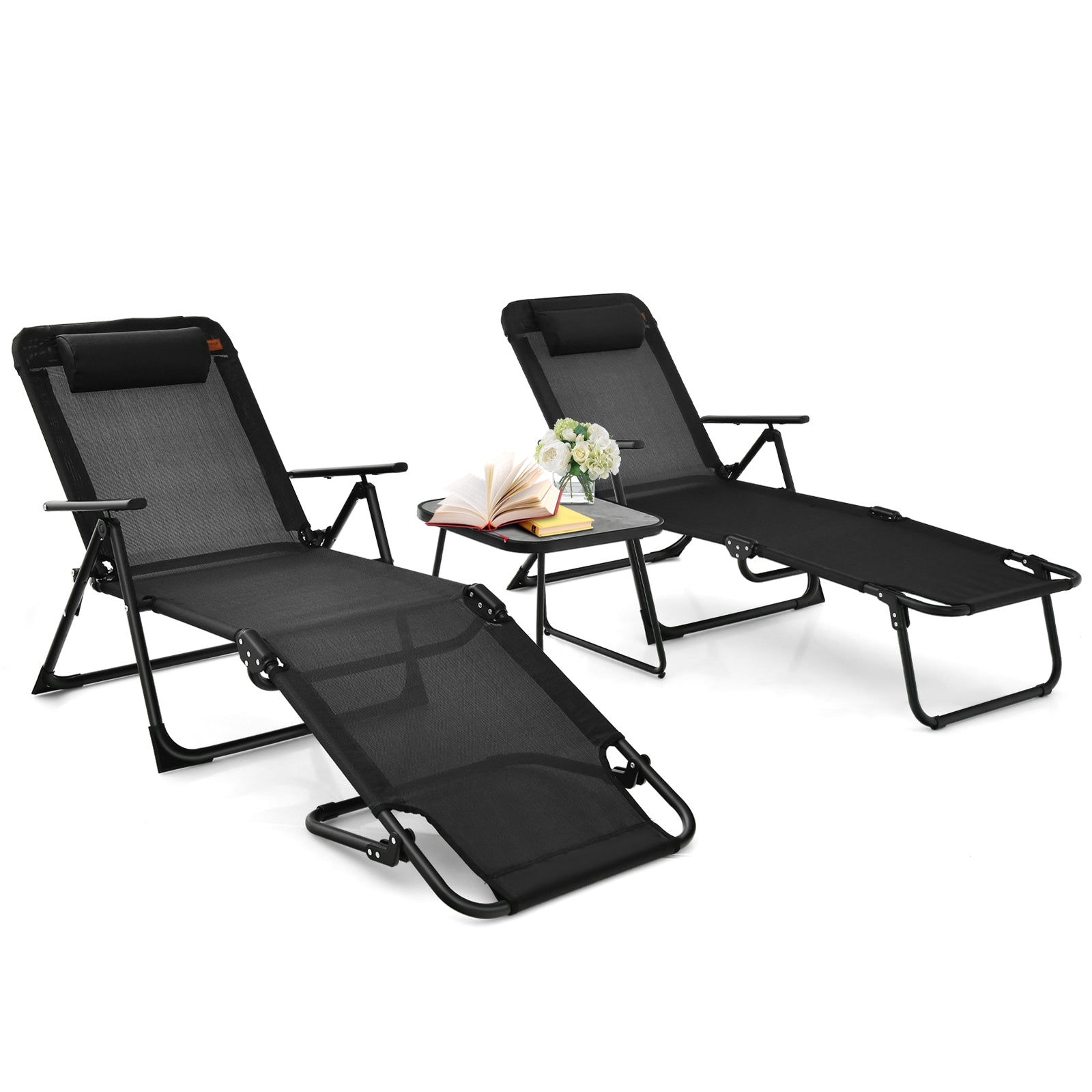 3 Pieces Patio Folding Chaise Lounge Set with PVC Tabletop, Black Patio Conversation Sets at Gallery Canada
