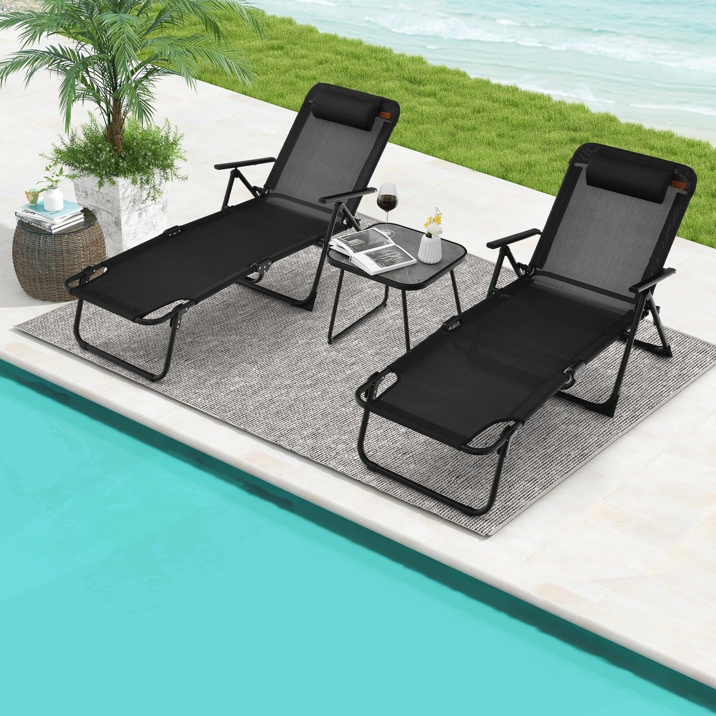 3 Pieces Patio Folding Chaise Lounge Set with PVC Tabletop, Black Patio Conversation Sets at Gallery Canada