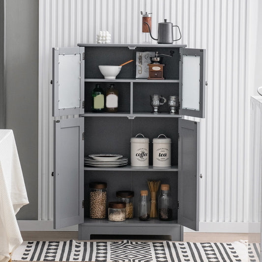 Bathroom Floor Storage Locker Kitchen Cabinet with Doors and Adjustable Shelf, Gray - Gallery Canada