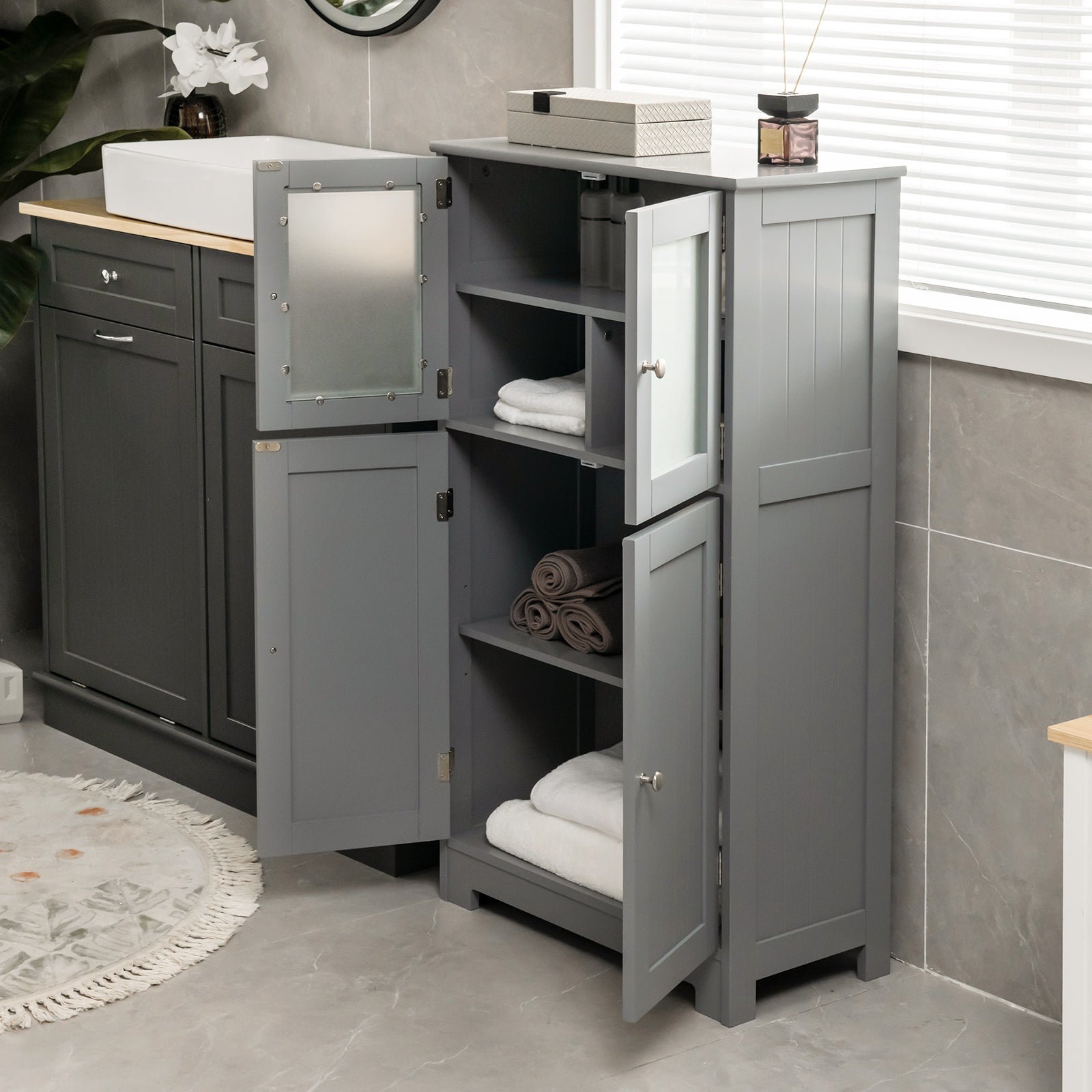 Bathroom Floor Storage Cabinet With Doors, Adjustable Shelf, Gray Floor Cabinets at Gallery Canada