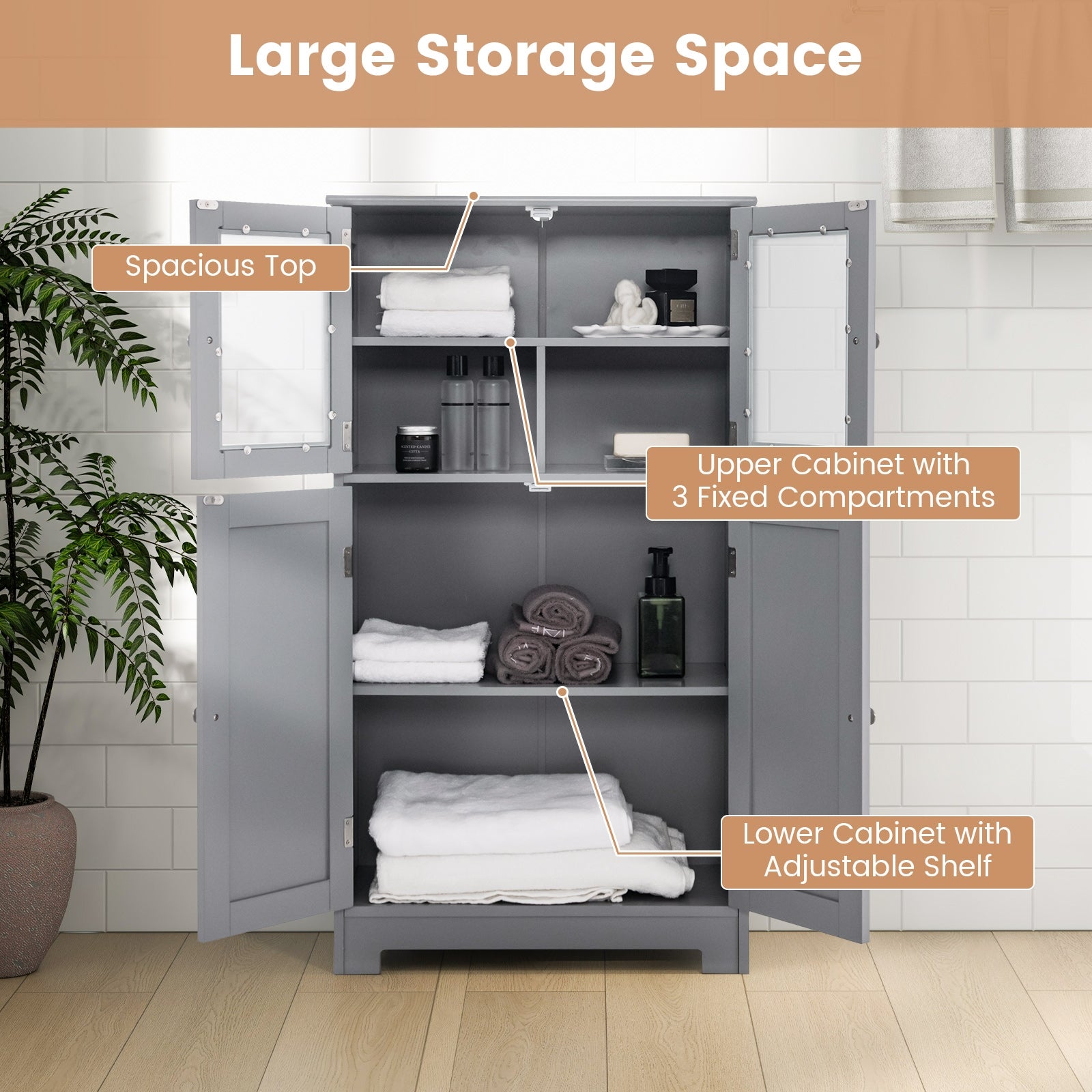Bathroom Floor Storage Cabinet With Doors, Adjustable Shelf, Gray Floor Cabinets at Gallery Canada