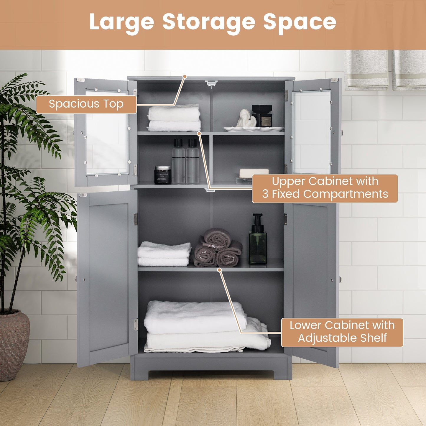 Bathroom Floor Storage Cabinet With Doors, Adjustable Shelf, Gray Floor Cabinets at Gallery Canada