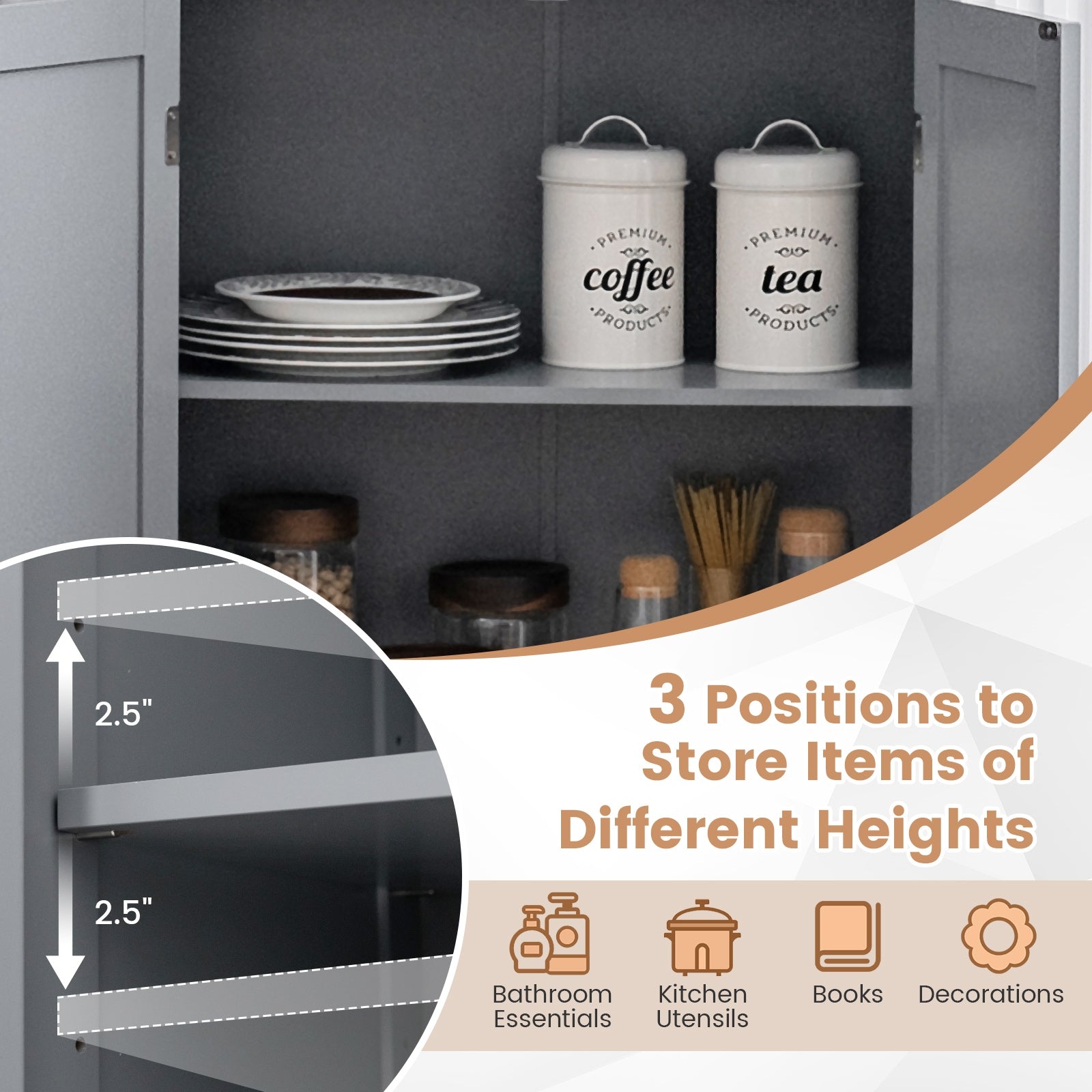 Bathroom Floor Storage Cabinet With Doors, Adjustable Shelf, Gray Floor Cabinets at Gallery Canada