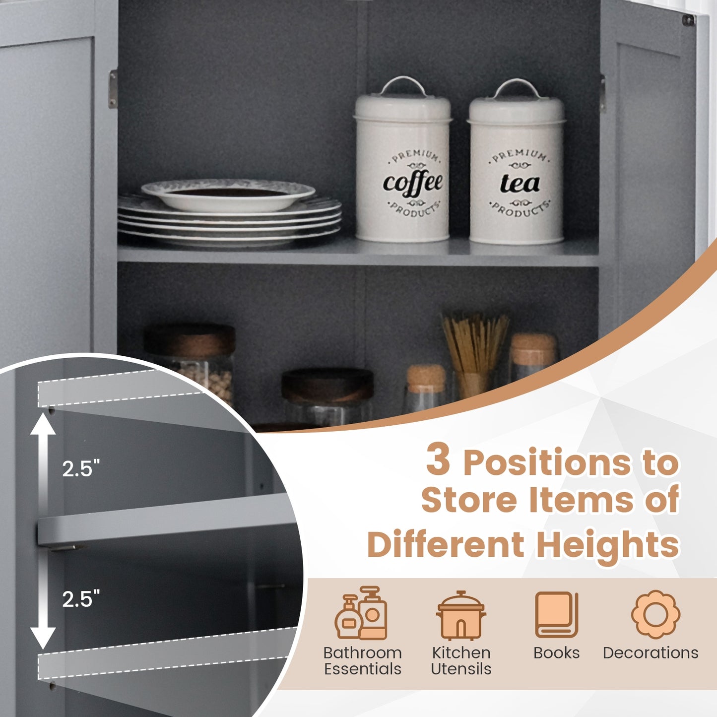 Bathroom Floor Storage Cabinet With Doors, Adjustable Shelf, Gray Floor Cabinets at Gallery Canada