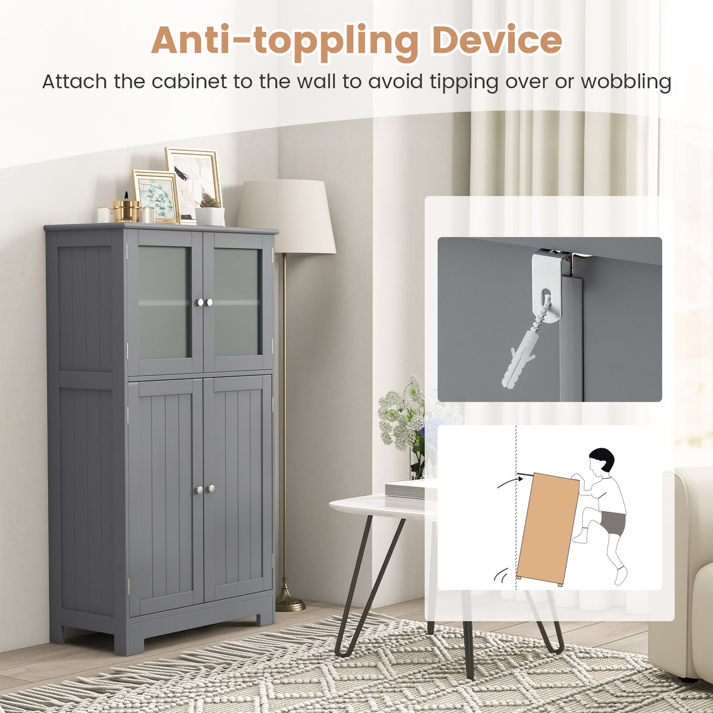 Bathroom Floor Storage Cabinet With Doors, Adjustable Shelf, Gray Floor Cabinets at Gallery Canada