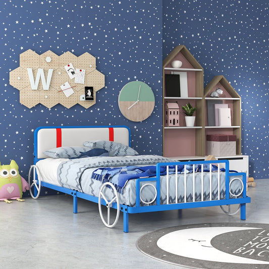 Twin Size Kids Bed Frame Car Shaped Metal Platform Bed with Upholstered Headboard - Gallery Canada