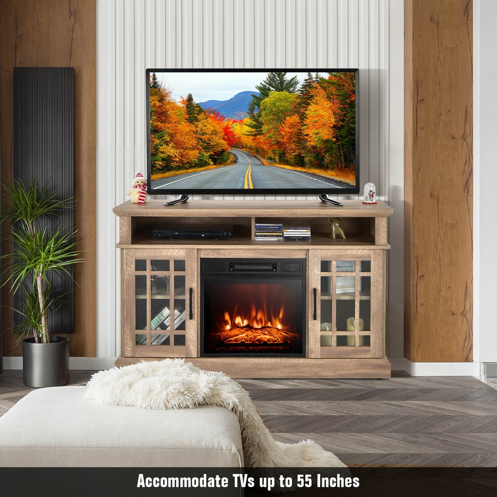 48 Inch Electric Fireplace TV Stand with Cabinets for TVs Up to 55 Inch, Natural Entertainment Centers & TV Stands at Gallery Canada