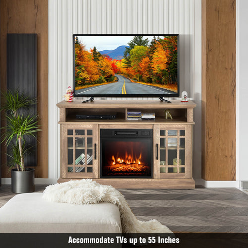 48 Inch Electric Fireplace TV Stand with Cabinets for TVs Up to 55 Inch, Natural
