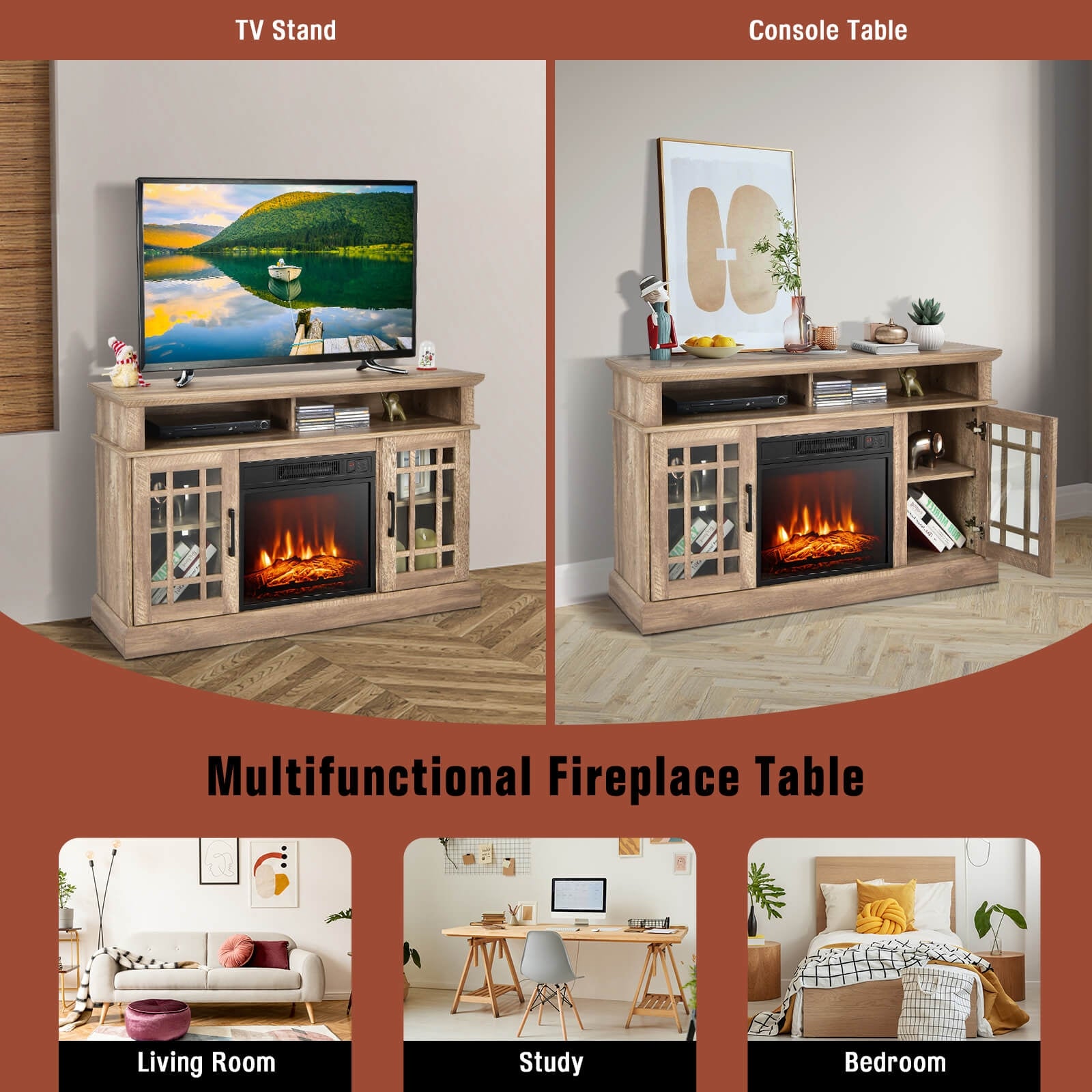 48 Inch Electric Fireplace TV Stand with Cabinets for TVs Up to 55 Inch, Natural Entertainment Centers & TV Stands at Gallery Canada