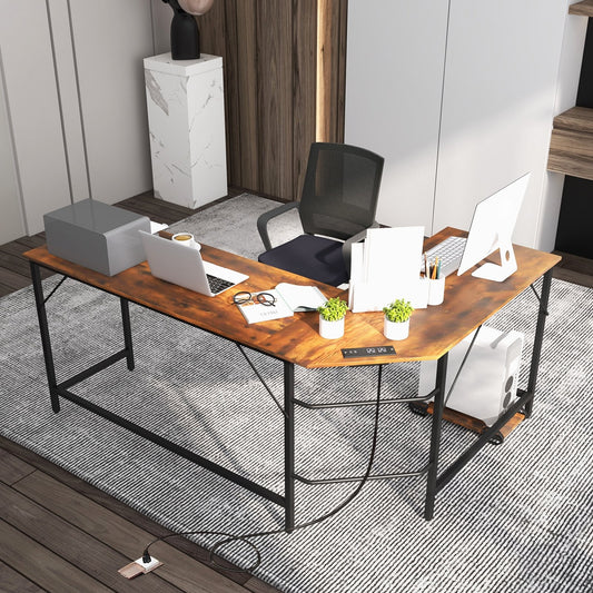 L-Shaped Computer Desk with CPU Stand Power Outlets and USB Ports, Rustic Brown - Gallery Canada