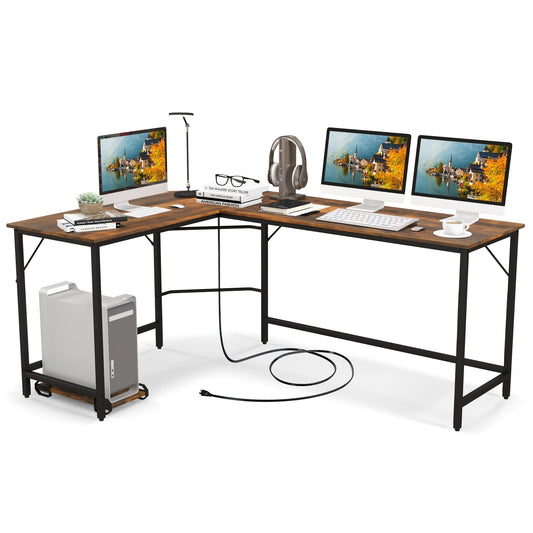 L-Shaped Computer Desk with CPU Stand Power Outlets and USB Ports, Rustic Brown at Gallery Canada