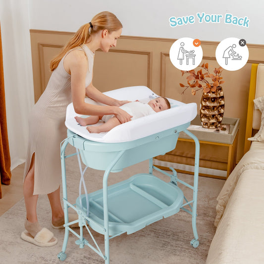 Folding Baby Changing Table with Bathtub and 4 Universal Wheels, Blue - Gallery Canada