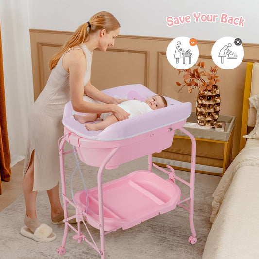 Folding Baby Changing Table with Bathtub and 4 Universal Wheels, Pink - Gallery Canada