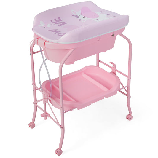Folding Baby Changing Table with Bathtub and 4 Universal Wheels, Pink
