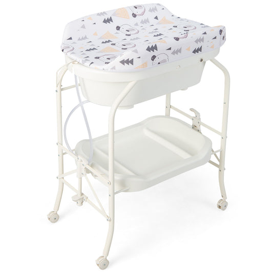 Folding Baby Changing Table with Bathtub and 4 Universal Wheels, White - Gallery Canada