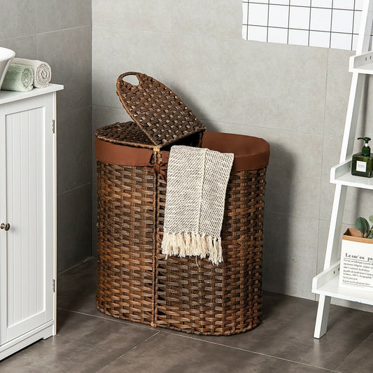 Handwoven Laundry Hamper Basket with 2 Removable Liner Bags, Brown - Gallery Canada