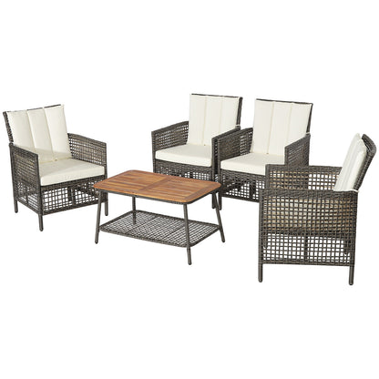 5 Pieces Patio Rattan Furniture Set Cushioned Sofa Armrest Wooden Tabletop, Off White Patio Conversation Sets at Gallery Canada