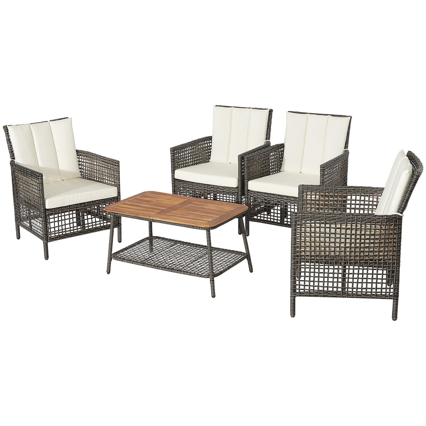 5 Piece Patio Rattan Furniture Set, Cushioned Sofa, Wooden Tabletop, Off White Patio Conversation Sets Off White at Gallery Canada