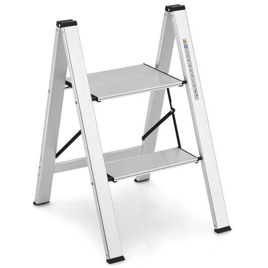 Folding Aluminum 2-Step Ladder with Non-Slip Pedal and Footpads, Silver