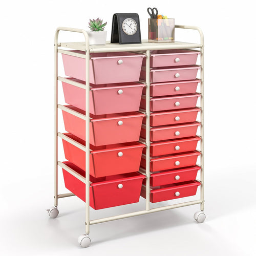 15-Drawer Utility Rolling Organizer Cart Multi-Use Storage, Gradient Pink