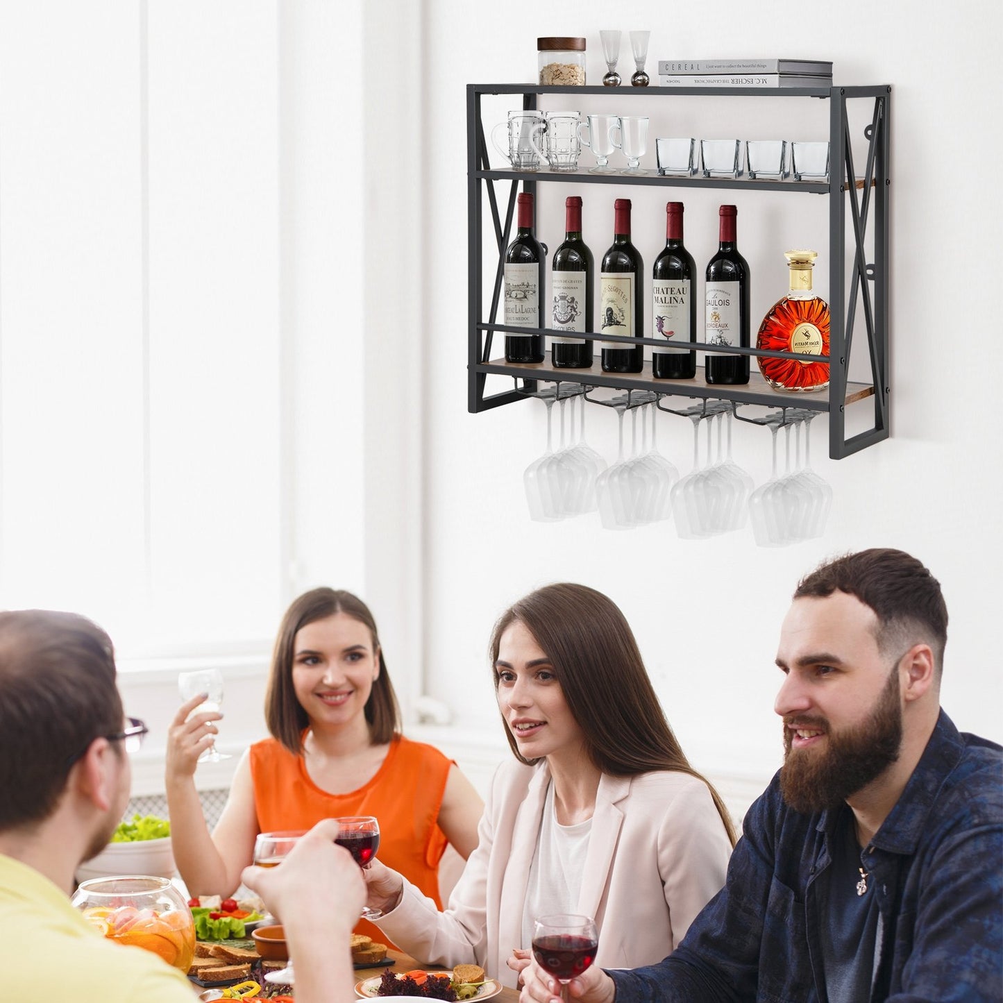 3-Tiers Industrial Wall Mounted Wine Rack with Glass Holder and Metal Frame, Rustic Brown
