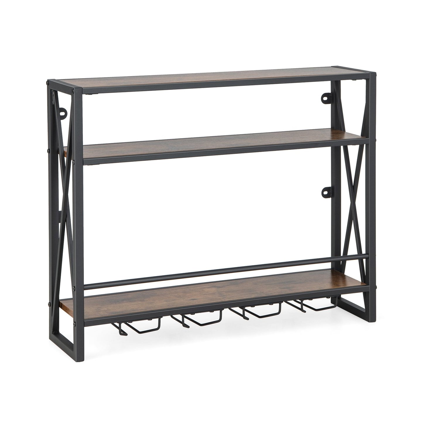 3-Tiers Industrial Wall Mounted Wine Rack with Glass Holder and Metal Frame, Rustic Brown