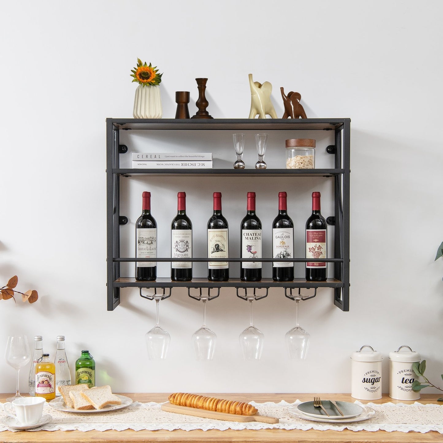 3-Tiers Industrial Wall Mounted Wine Rack with Glass Holder and Metal Frame, Rustic Brown at Gallery Canada