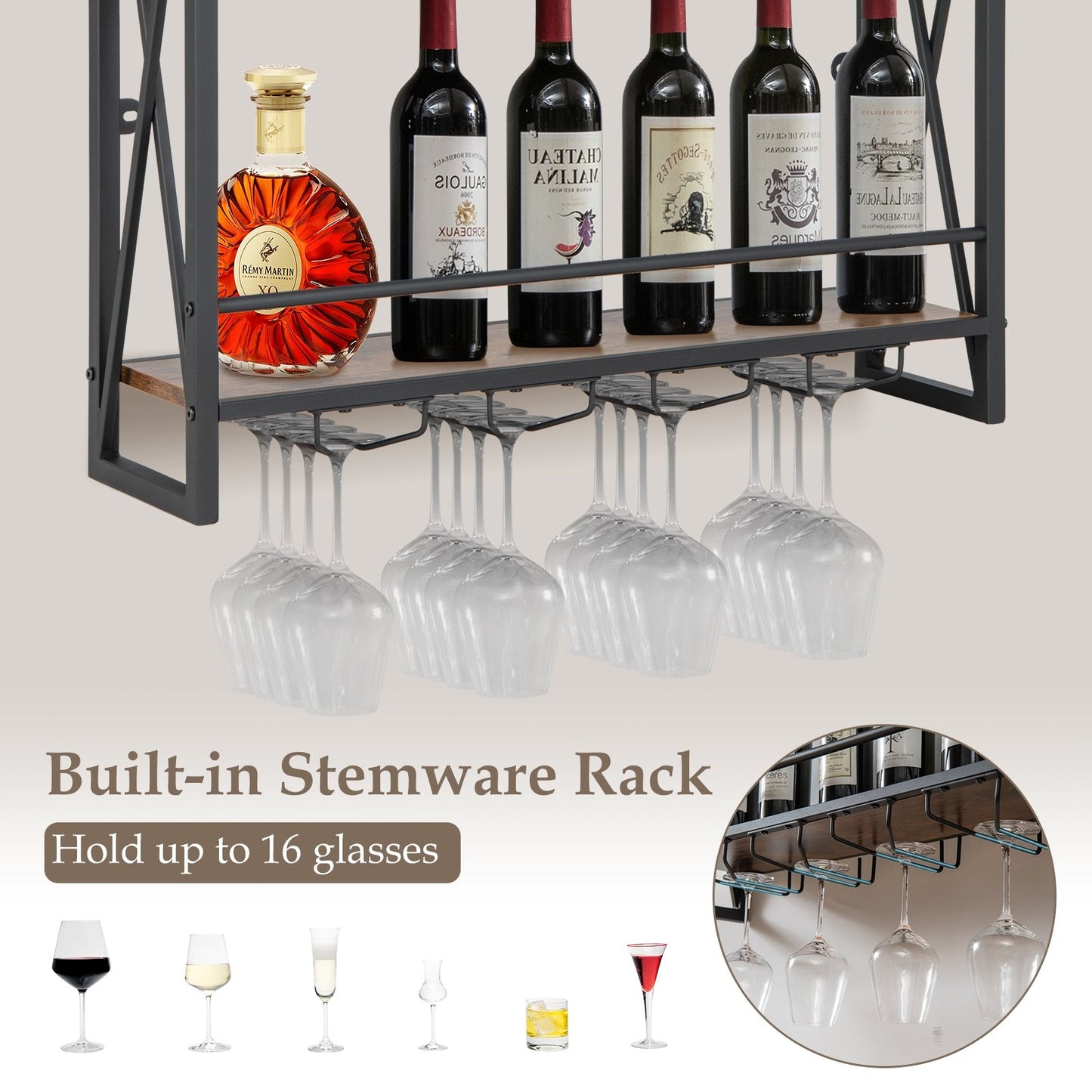 3-Tiers Industrial Wall Mounted Wine Rack with Glass Holder and Metal Frame, Rustic Brown - Gallery Canada