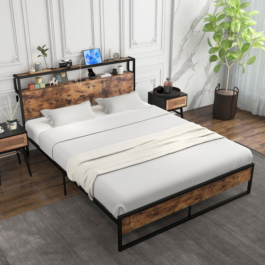 Full/Queen Bed Frame with 2-Tier Storage Headboard and Charging Station-Queen Size, Rustic Brown - Gallery Canada