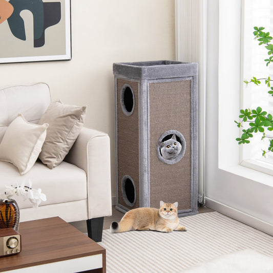 39" Tall Cat Condo with Scratching Posts and 3 Hideaways and 4 Soft Plush Cushions, Gray - Gallery Canada