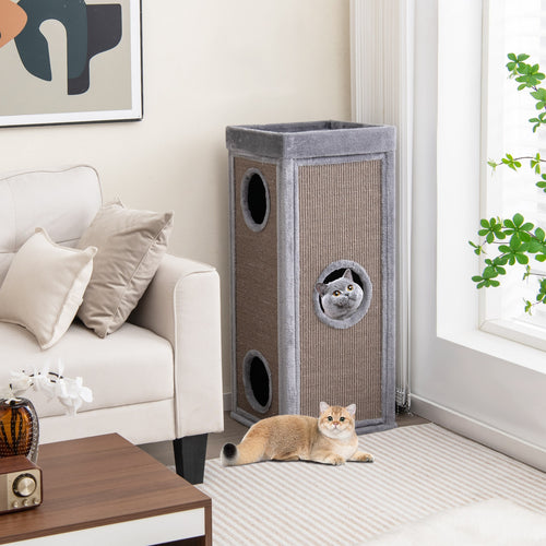 39 Inch Tall Cat Condo with Scratching Posts and 3 Hideaways and 4 Soft Plush Cushions, Gray