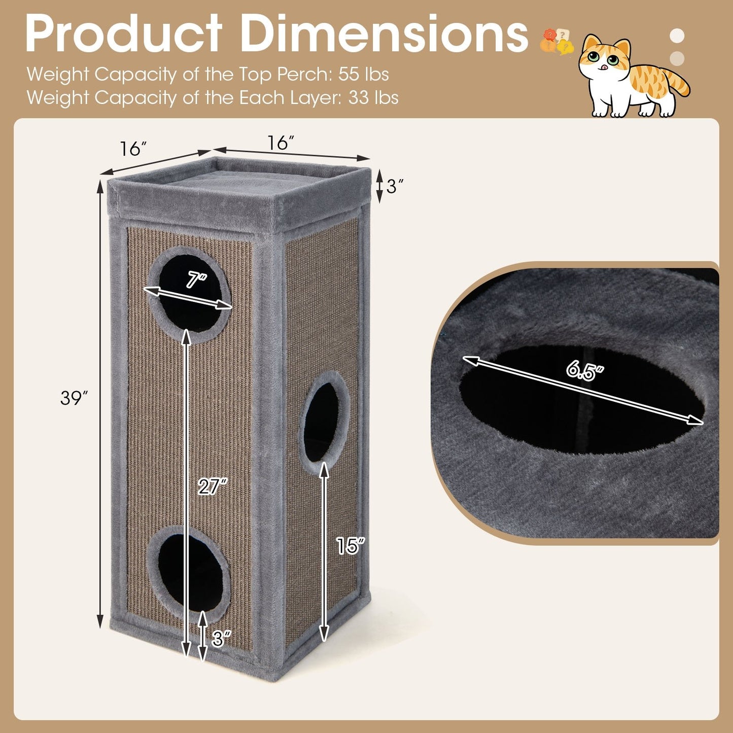 39" Tall Cat Condo with Scratching Posts and 3 Hideaways and 4 Soft Plush Cushions, Gray