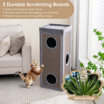 39" Tall Cat Condo with Scratching Posts and 3 Hideaways and 4 Soft Plush Cushions, Gray